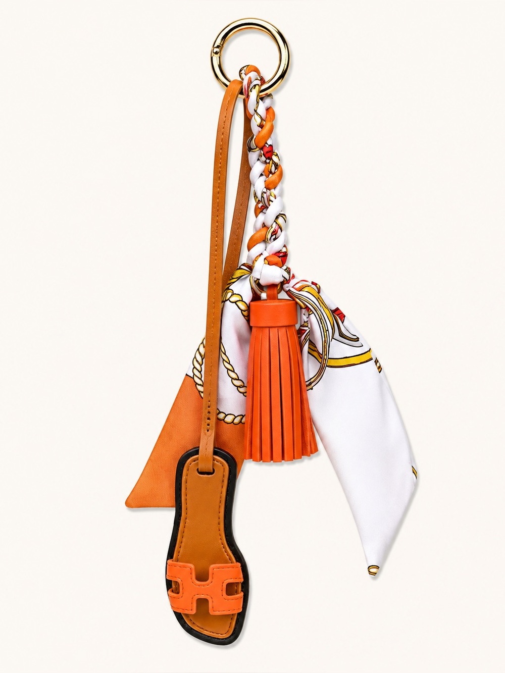 Orange Leather Tassel Keychain Bag Charm with Scarf Accent
